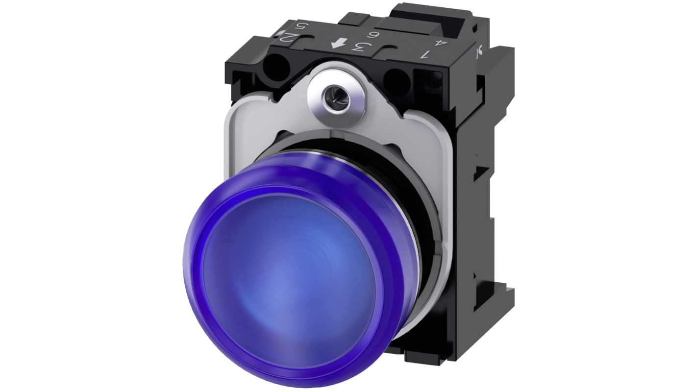 Siemens, SIRIUS ACT 3SU11, Panel Mount Blue LED Indicator, 22mm Cutout, Round, 110V ac