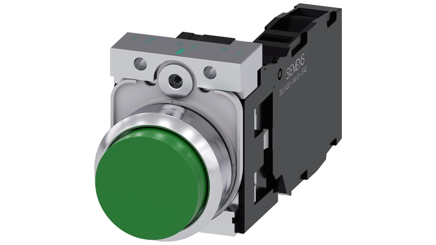 Unidad completa de botón pulsador Siemens SIRIUS ACT, color de botón Verde, SPST, IP66, IP67, IP69(IP69K)