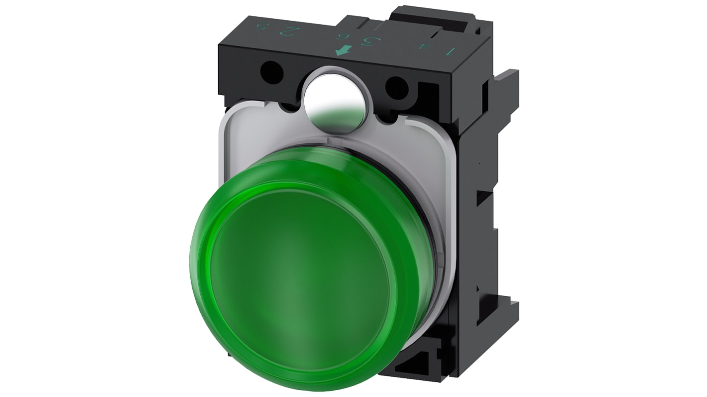 Siemens, SIRIUS ACT 3SU11, Panel Mount Green LED Indicator, 22mm Cutout, Round, 110V ac