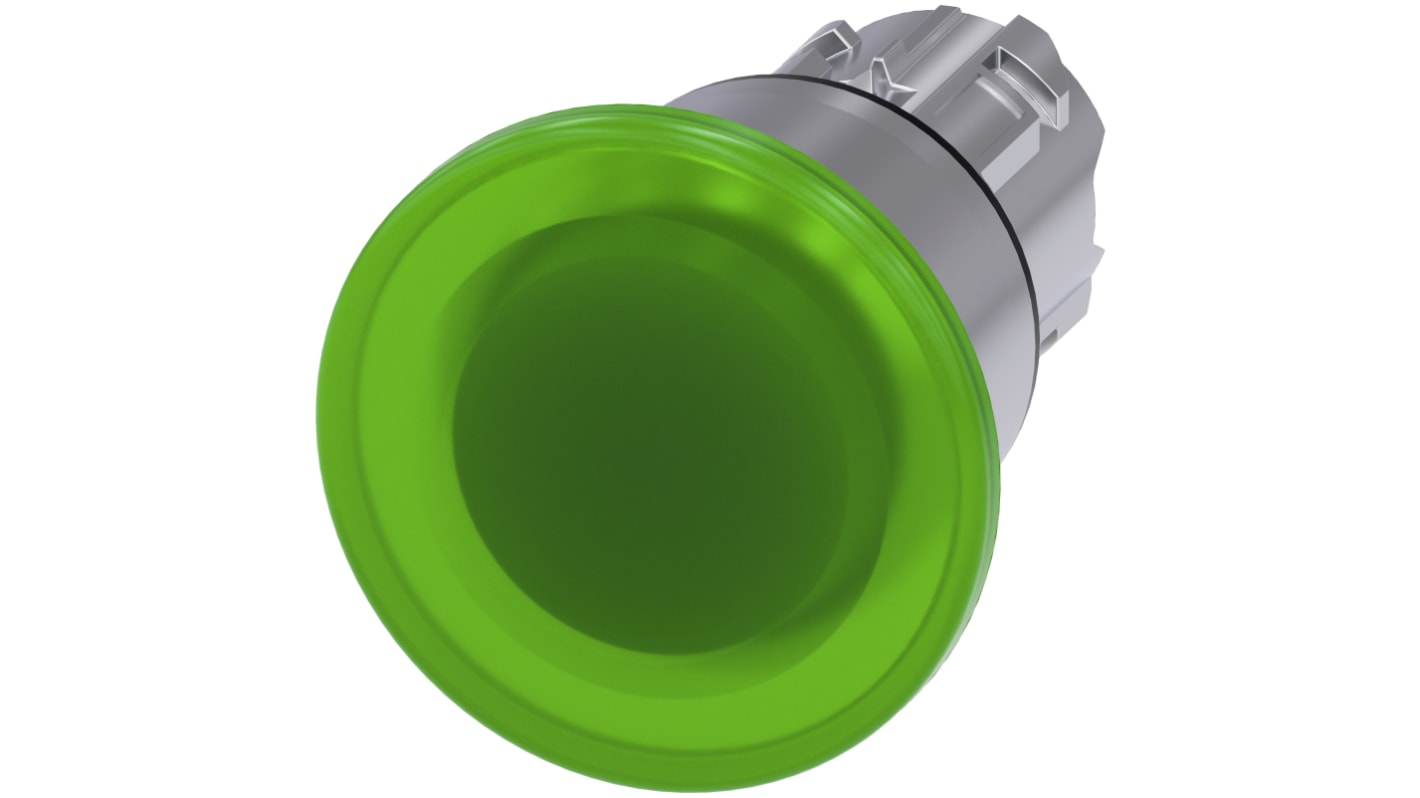 Cabezal de pulsador Siemens serie SIRIUS ACT, Ø 22mm, de color Verde, Enclavamiento, IP66, IP67, IP69K