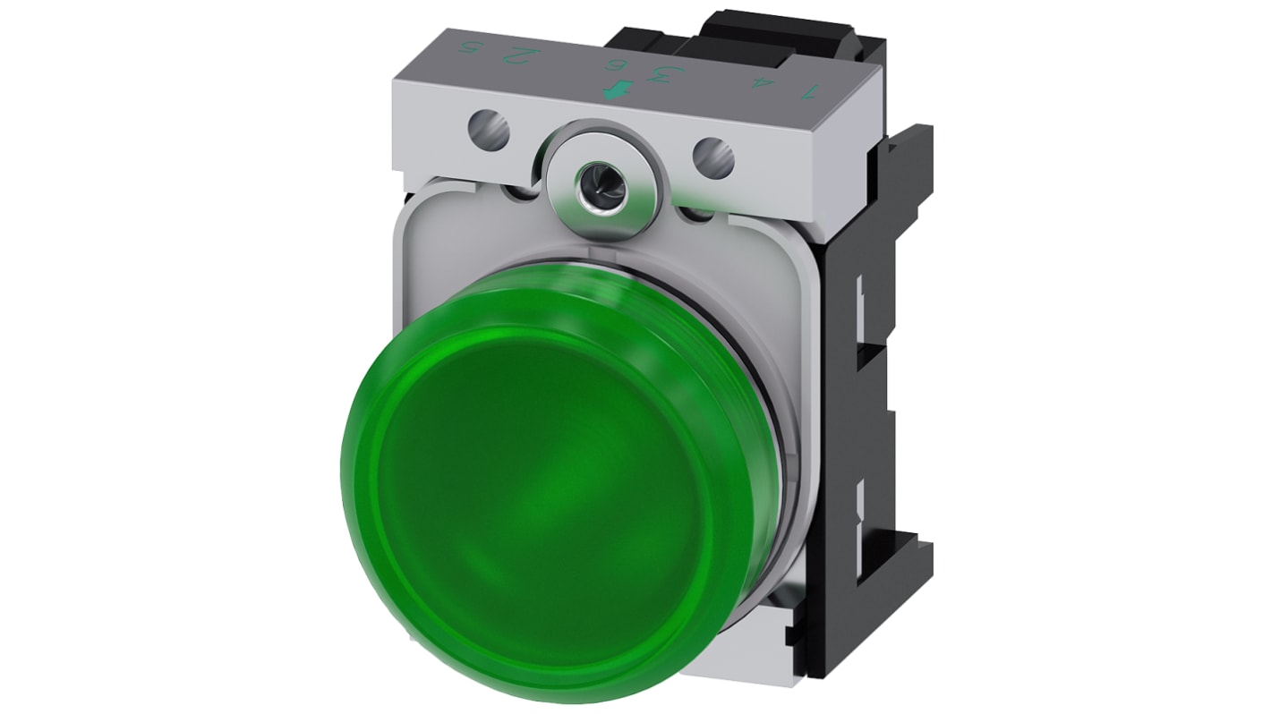 Siemens 绿色圆形指示灯, Φ22mm开孔, 230V 交流, 金属主体, 面板安装, SIRIUS ACT 3SU11系列