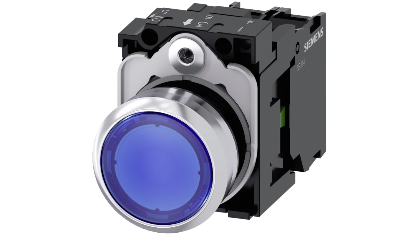Siemens 带灯按钮开关, Φ22mm开孔, 蓝色圆形塑料, 单刀单掷, IP66, IP67, IP69(IP69K), SIRIUS ACT 3SU11系列