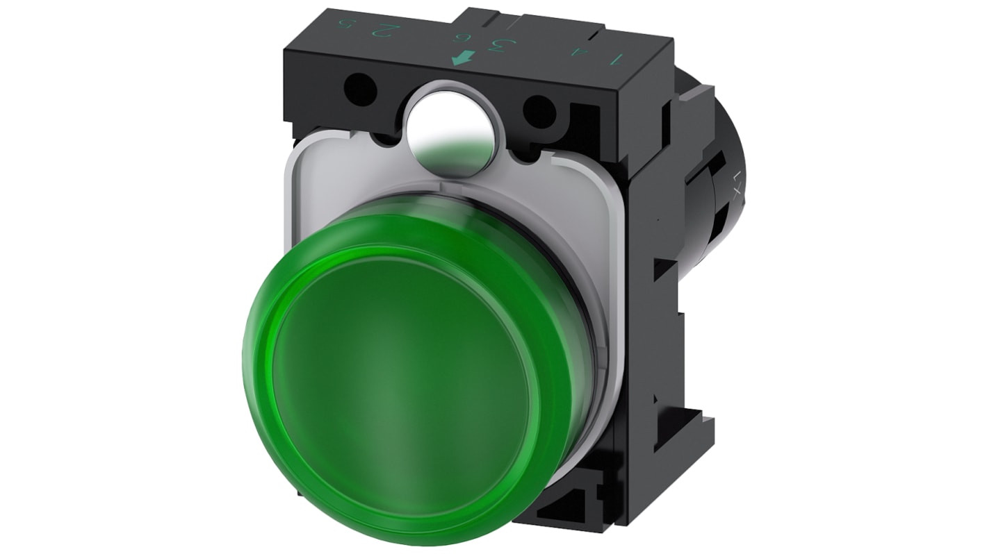 Siemens, SIRIUS ACT, Panel Mount Green LED Indicator, 22mm Cutout, Round, 230V ac