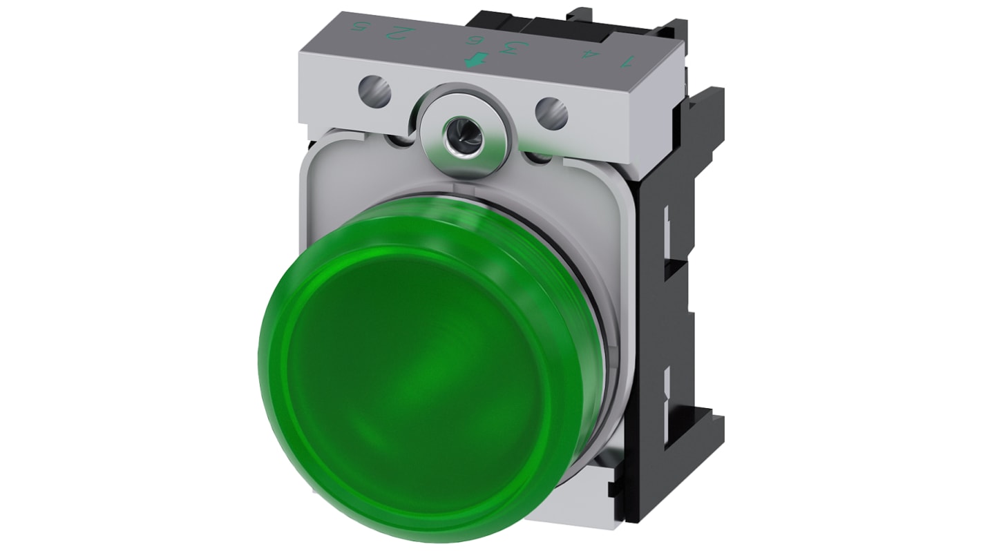 Siemens, SIRIUS ACT, Panel Mount Green LED Indicator, 22mm Cutout, Round, 110V ac