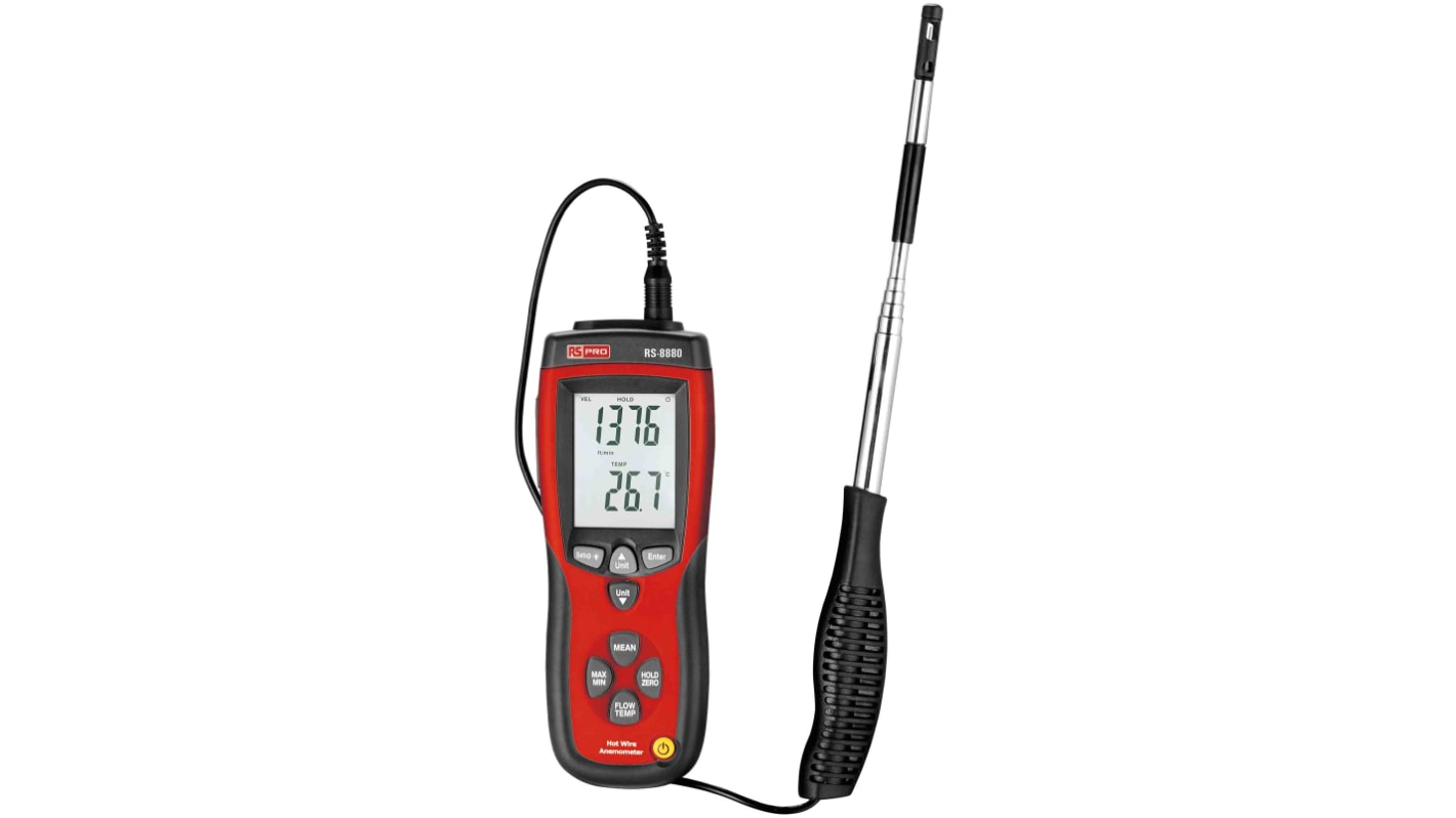 RS PRO DT-8880 Anemometer, 25m/s Max, Measures Air Flow, Air Velocity, Temperature