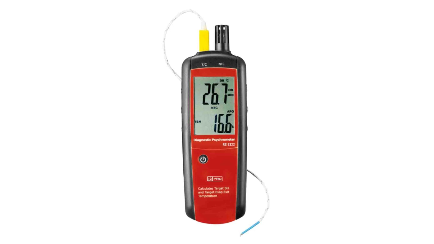 RS PRO Psychrometer, +100 °C, 100 % RH Max, ±2 % Accuracy, Backlit LCD Display, Battery-Powered