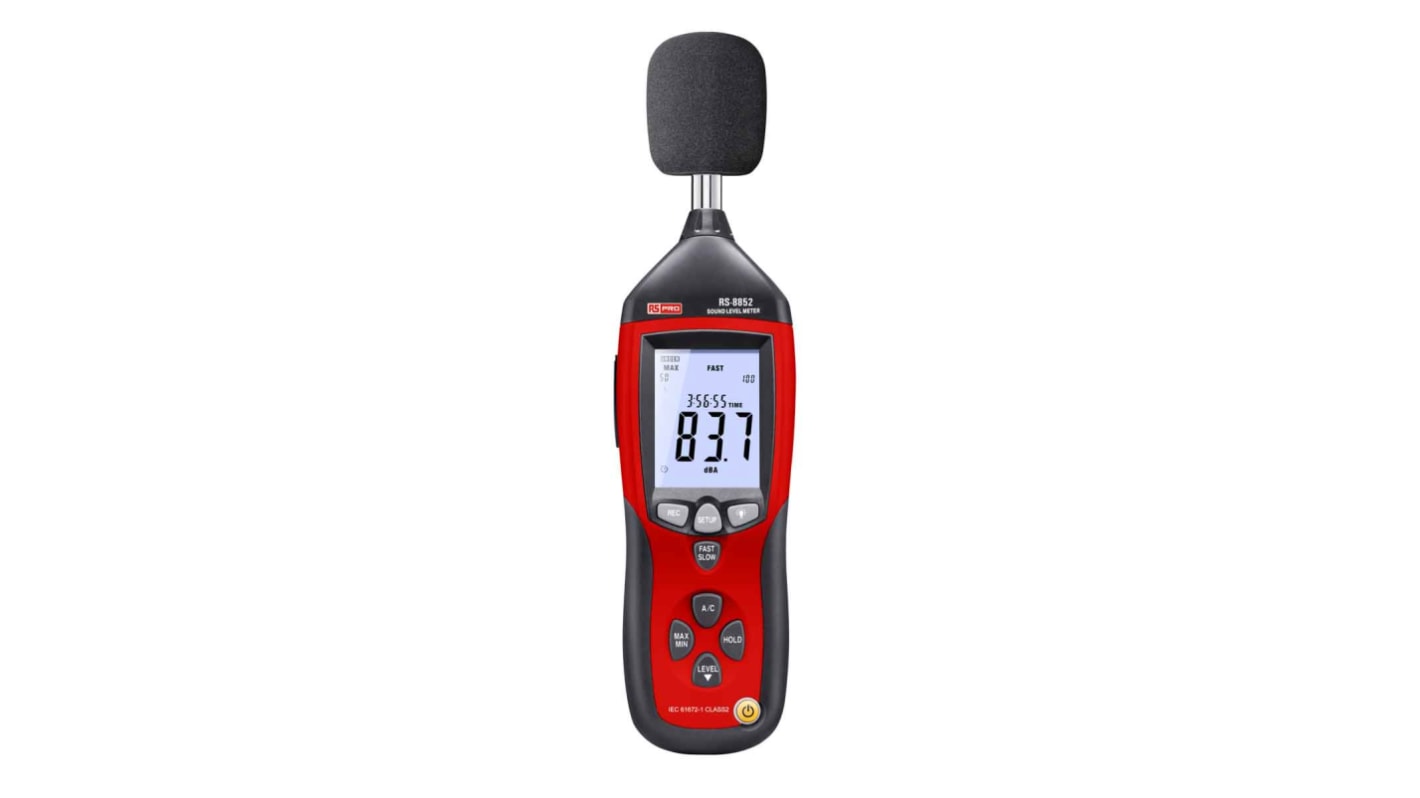 RS PRO DT-8852 LCD Schallpegelmessgerät 30 → 80 (Low) dB, 50 → 100 (Med) dB 30 → 130 (Auto) dB, 80