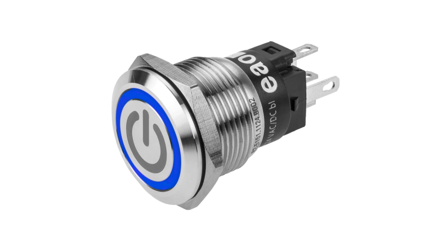 EAO 82 Series Illuminated Push Button Switch, Momentary, Panel Mount, 19mm Cutout, SPDT, Blue LED, 240V, IP65, IP67