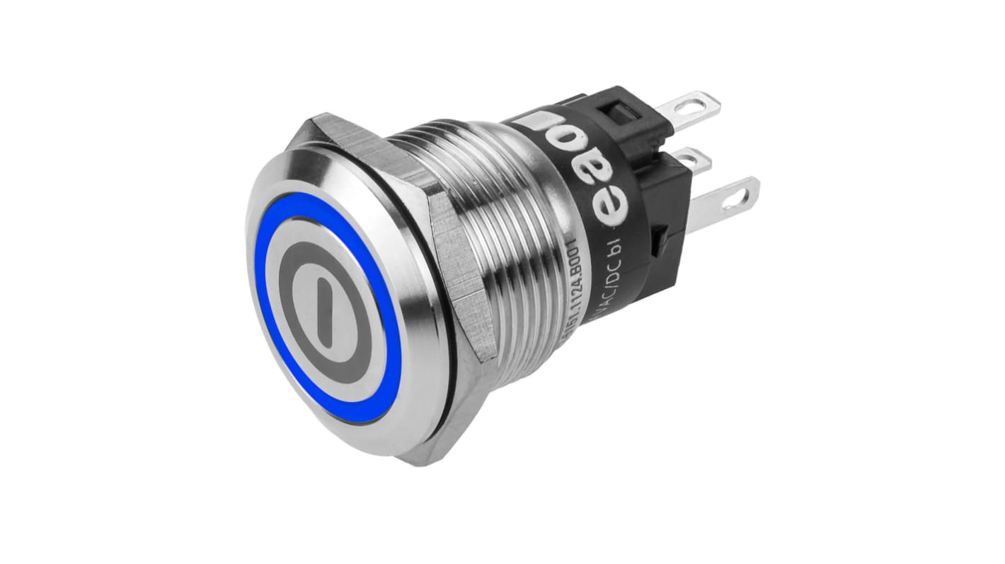 EAO 82 Series Illuminated Push Button Switch, Momentary, Panel Mount, 19mm Cutout, SPDT, Blue LED, 240V, IP65, IP67