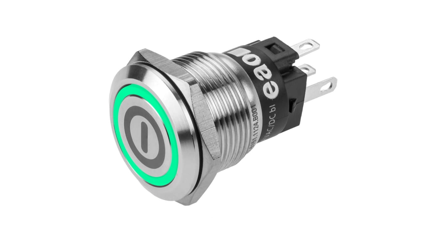 EAO 82 Series Illuminated Push Button Switch, Latching, Panel Mount, 19mm Cutout, SPDT, Green LED, 240V, IP65, IP67