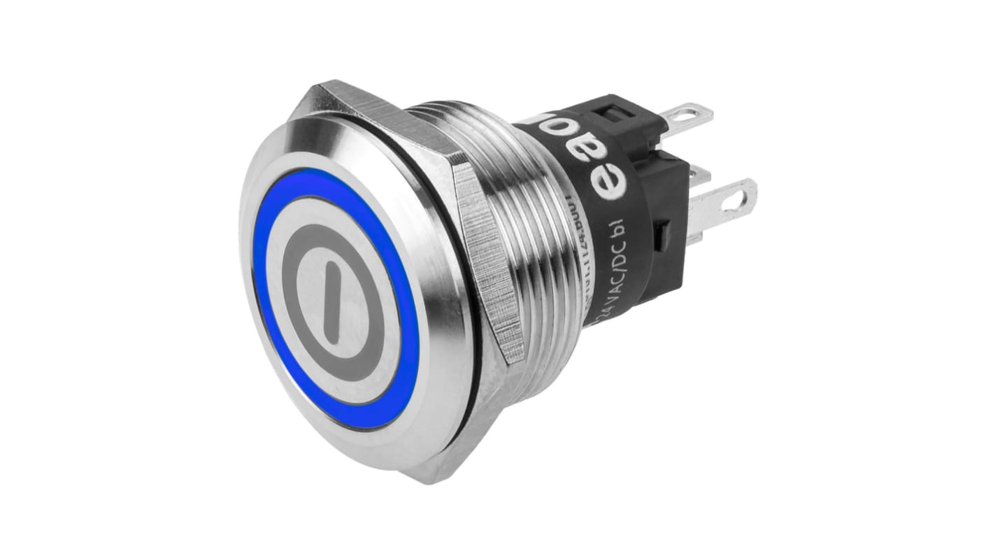 EAO 82 Series Illuminated Push Button Switch, Momentary, Panel Mount, 22.3mm Cutout, SPDT, Blue LED, 240V, IP65, IP67