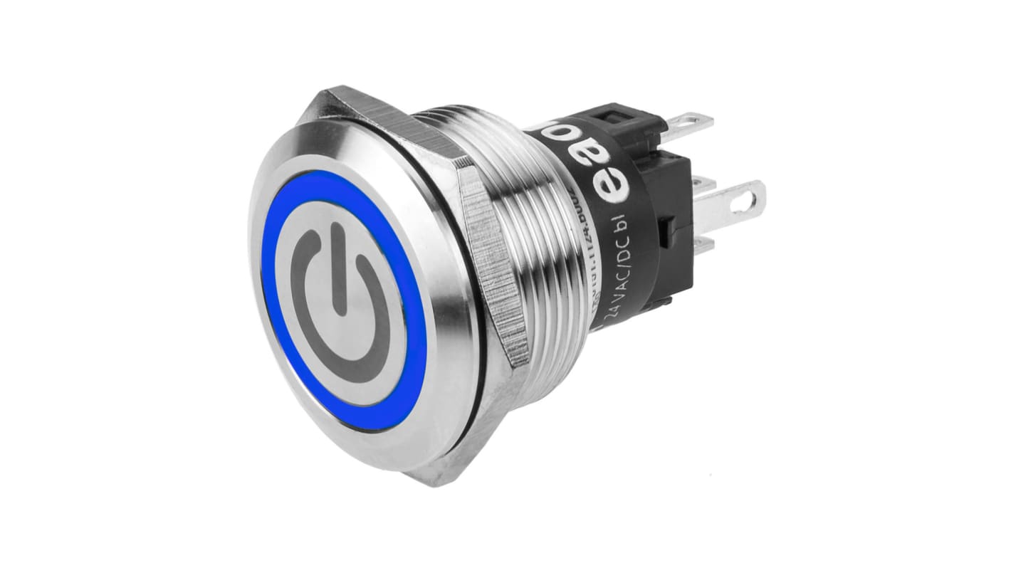 EAO 82 Series Illuminated Push Button Switch, Momentary, Panel Mount, 22.3mm Cutout, SPDT, Blue LED, 240V, IP65, IP67