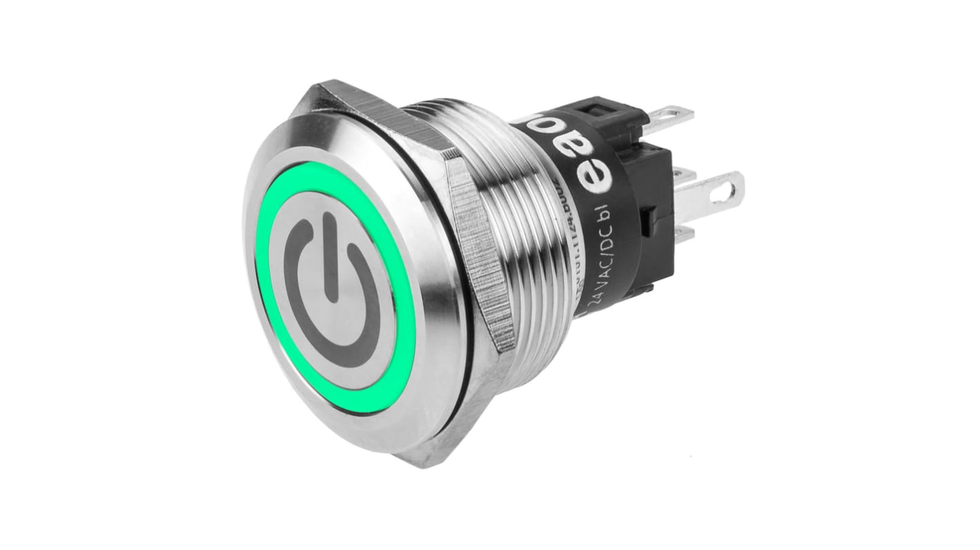 EAO 82 Series Illuminated Push Button Switch, Momentary, Panel Mount, 22.3mm Cutout, SPDT, Green LED, 240V, IP65, IP67