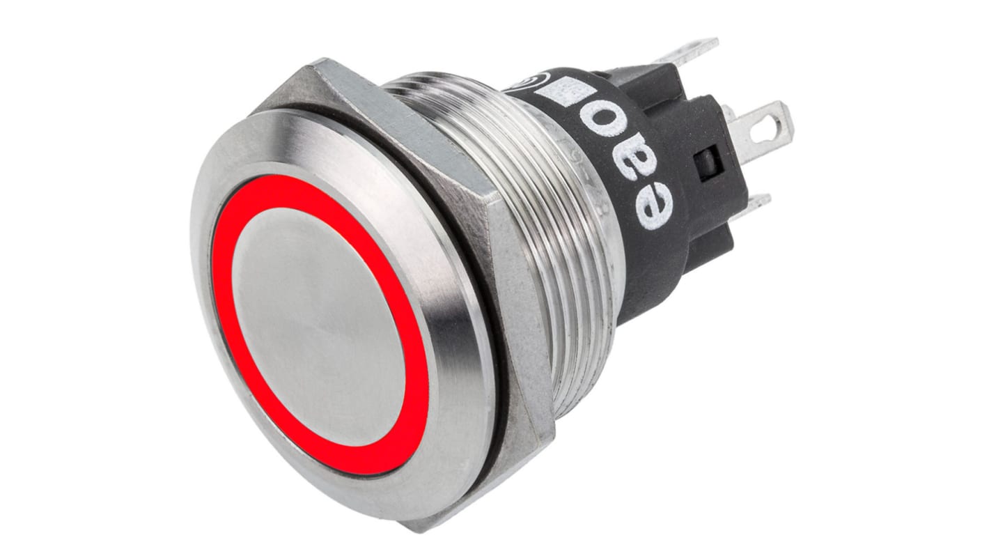 EAO 82 Series Illuminated Push Button Switch, Momentary, Panel Mount, 22.3mm Cutout, SPDT, Red LED, 240V, IP65, IP67