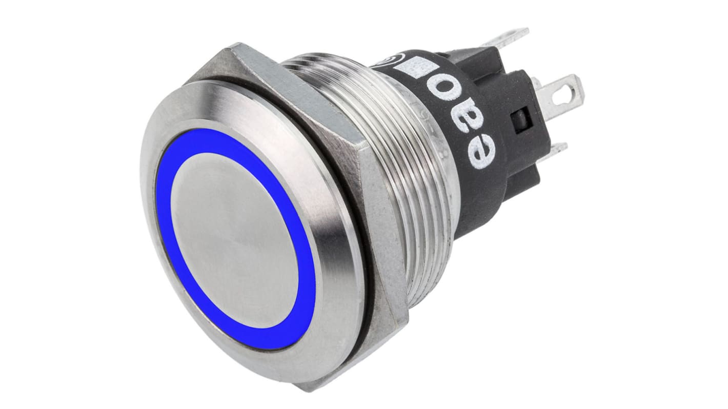 EAO 82 Series Illuminated Push Button Switch, Momentary, Panel Mount, 22.3mm Cutout, SPDT, Blue LED, 240V, IP65, IP67