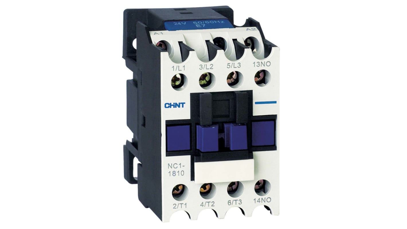 Contactor CHINT NC1 de 3 polos, 1 NA, 18 A, bobina 24 V ac, 7,5 kW