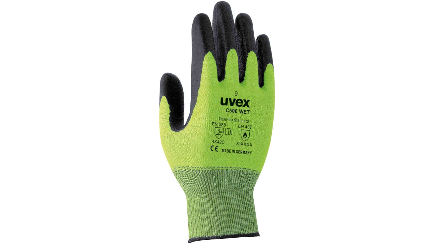 Guantes de trabajo de HPPE Verde Uvex serie C500 WET, talla 9, con recubrimiento de Espuma de látex, Resistente al