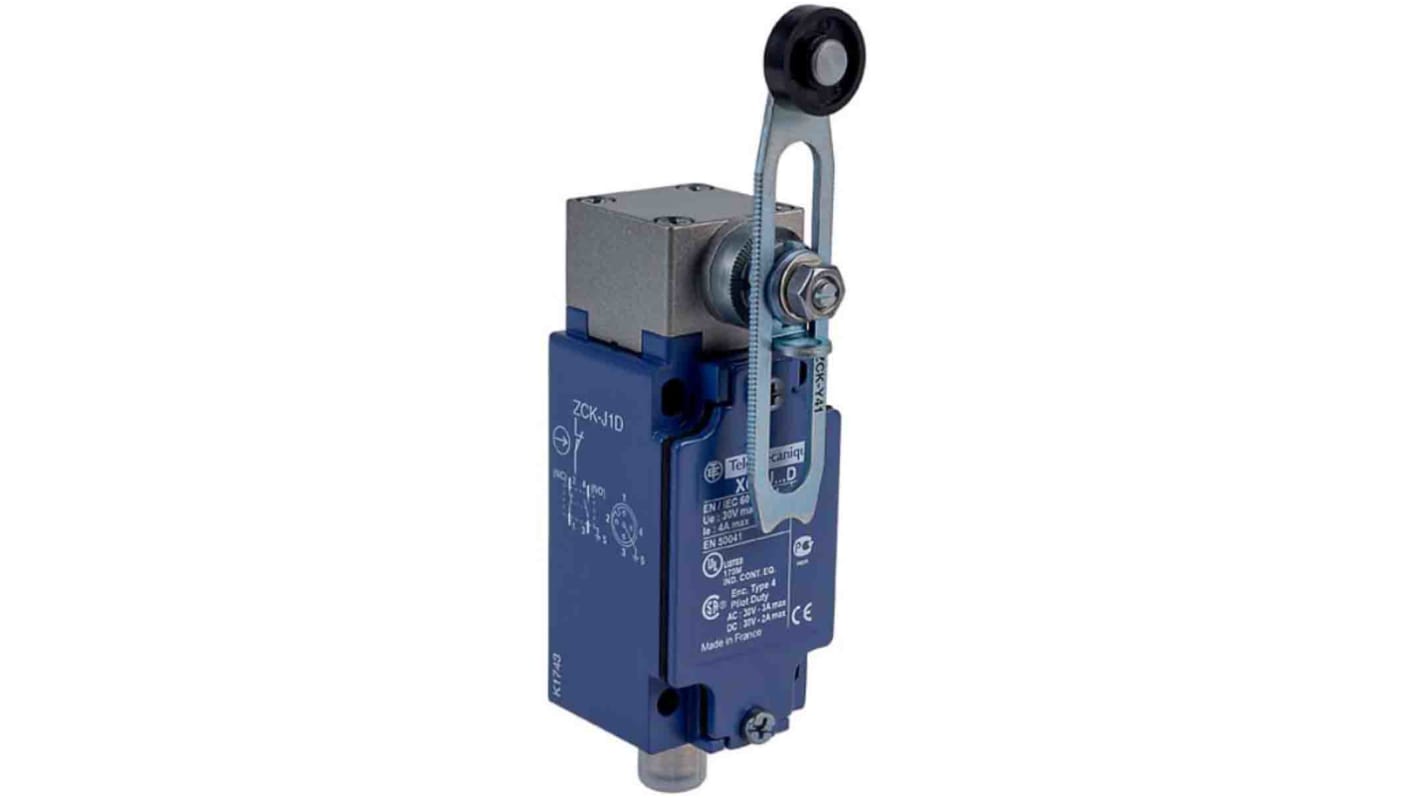 Telemecanique Sensors XCKJ Series Roller Lever Limit Switch, 1NC/1NO, IP66, DPST, Zamak Zinc Alloy Housing, 50V ac Max,
