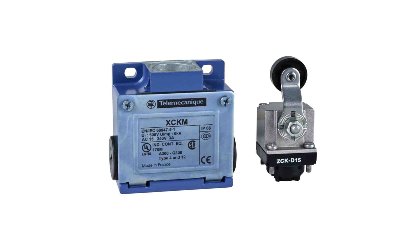 Telemecanique Sensors XCKM Series Roller Lever Limit Switch, 1NC/1NO, IP66, DPST, Zamak Zinc Alloy Housing, 240V ac