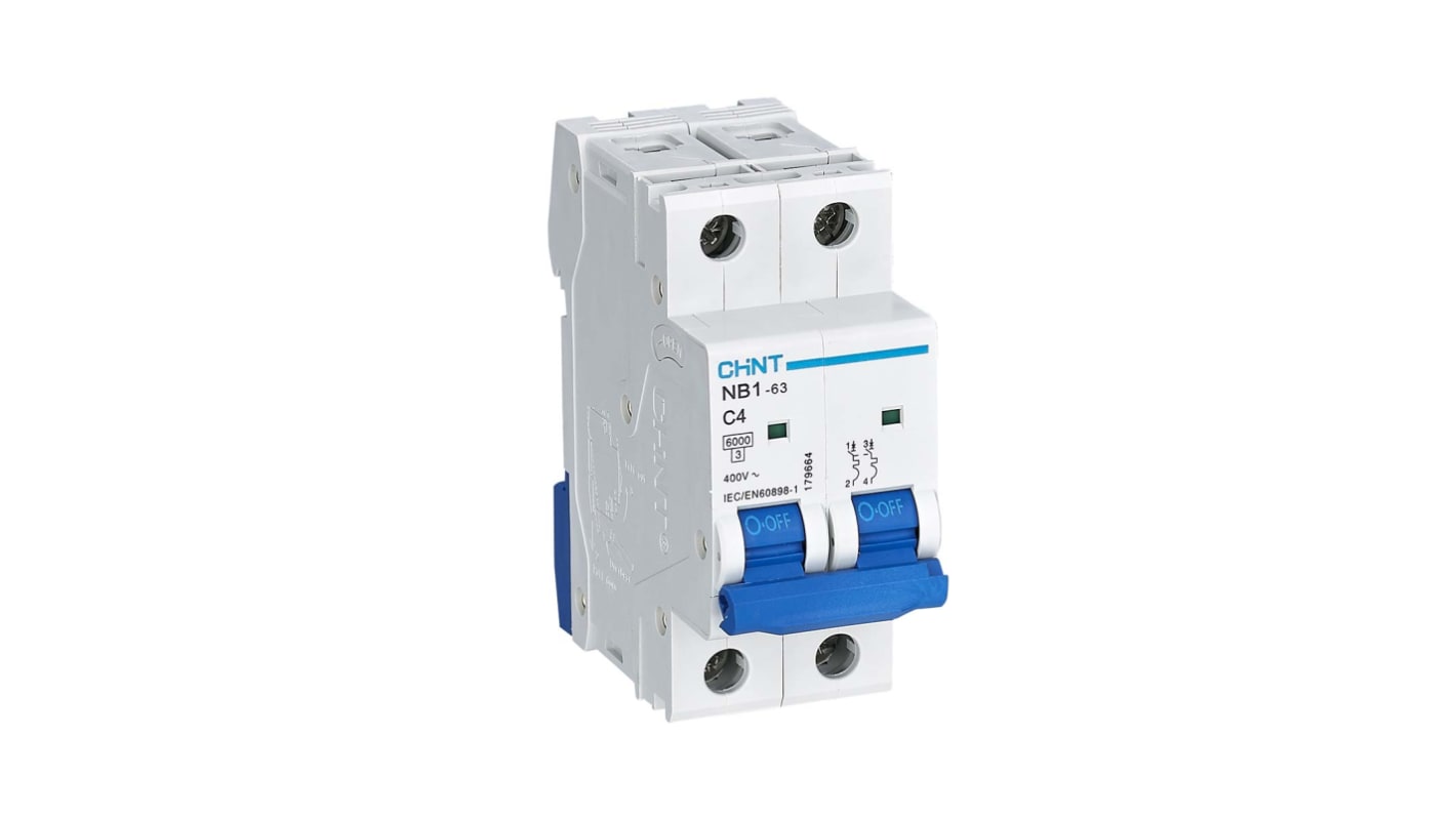 Disjoncteur CHINT NB1 2P, 4A, pouvoir de coupure 6 kA, montage rail DIN