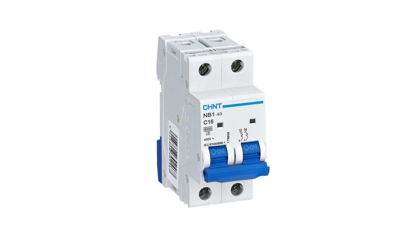Interruptor automático 2P, 16A, Curva Tipo C, Poder de corte 6 kA NB1-2-16C, Montaje en Carril DIN