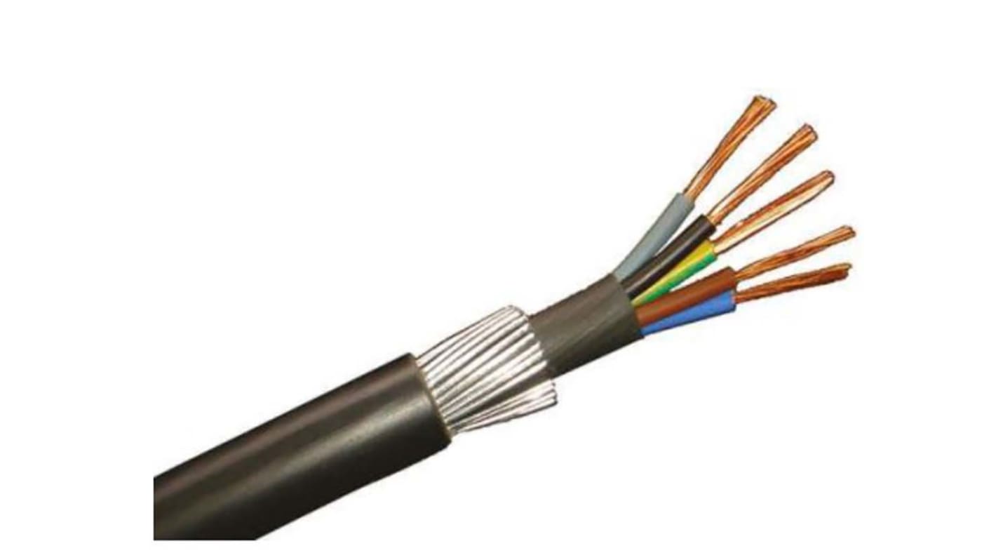 Cable de alimentación armado RS PRO de 5 núcleos, 2,5 mm², Ø ext. 14.5mm, long. 50m, 600/1.000 V, funda de PVC, Negro