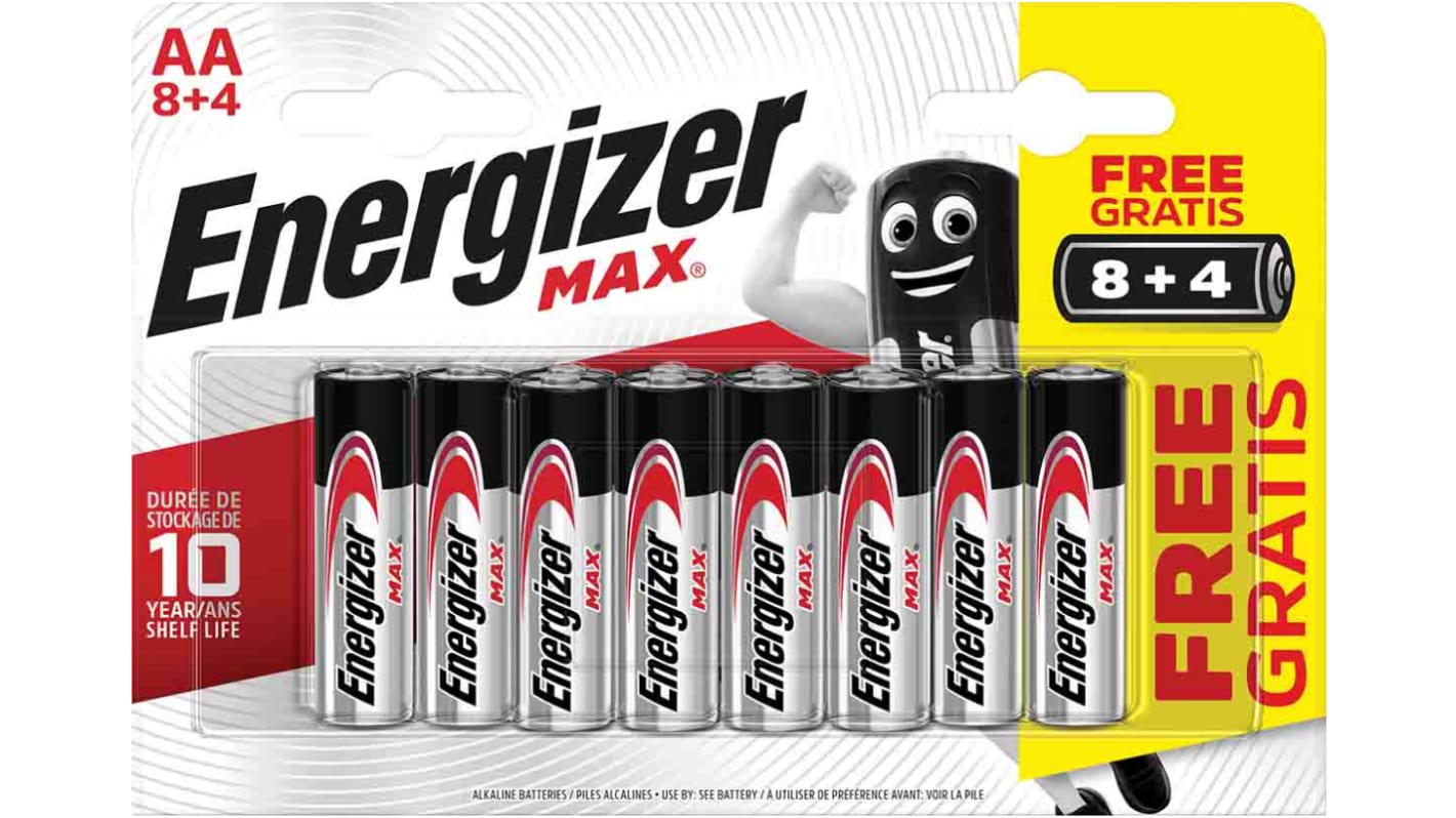 Energizer AA 8+4 AA-Batterien, Alkali, 1.5V / 2.5Ah, flacher Anschluss