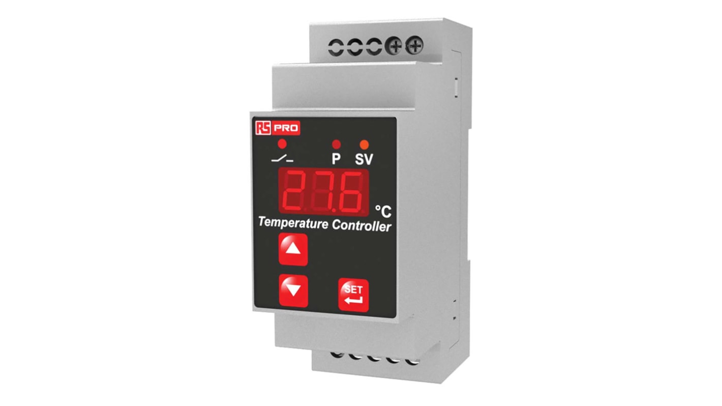 RS PRO DIN Rail On/Off Temperature Controller, 86mm 1 Input, 2 Output Analogue Relay, 230 V Supply Voltage