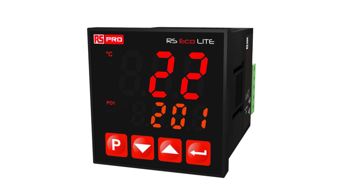 Controlador de temperatura ON/OFF RS PRO, 48 x 48mm, 10→30 V dc Termopar de tipo K, 2 salidas Relé