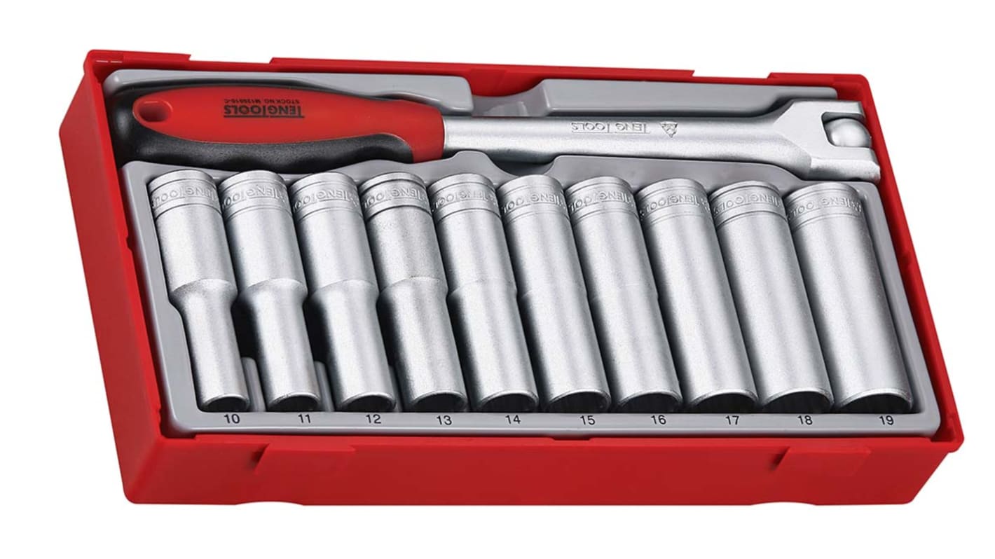 Teng Tools 11-Piece Metric 1/2 in Deep Socket Set with Ratchet, 12 point