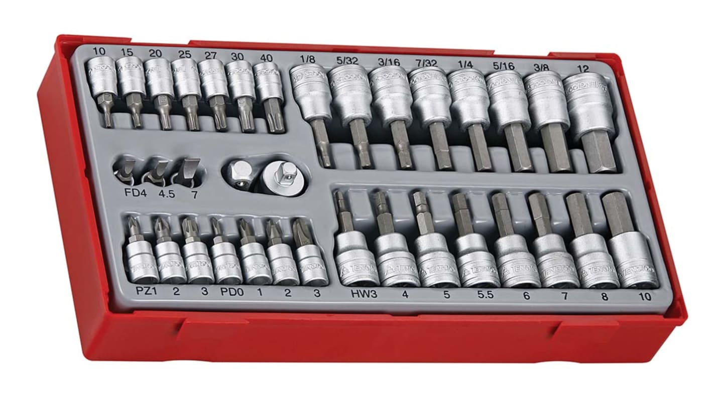 Teng Tools 35-Piece Imperial, Metric 1/4 in Bit Socket Set, Hex Bit; Phillips Bit; Pozidriv Bit; Slotted Bit; Torx Bit