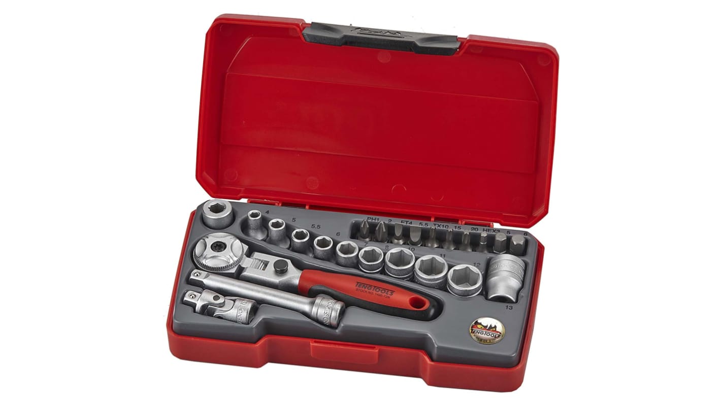 Teng Tools 20-Piece Metric 1/4 in Standard Socket/Bit Set with Ratchet, 6 point; Hex Bit; Phillips Bit; Slotted Bit;