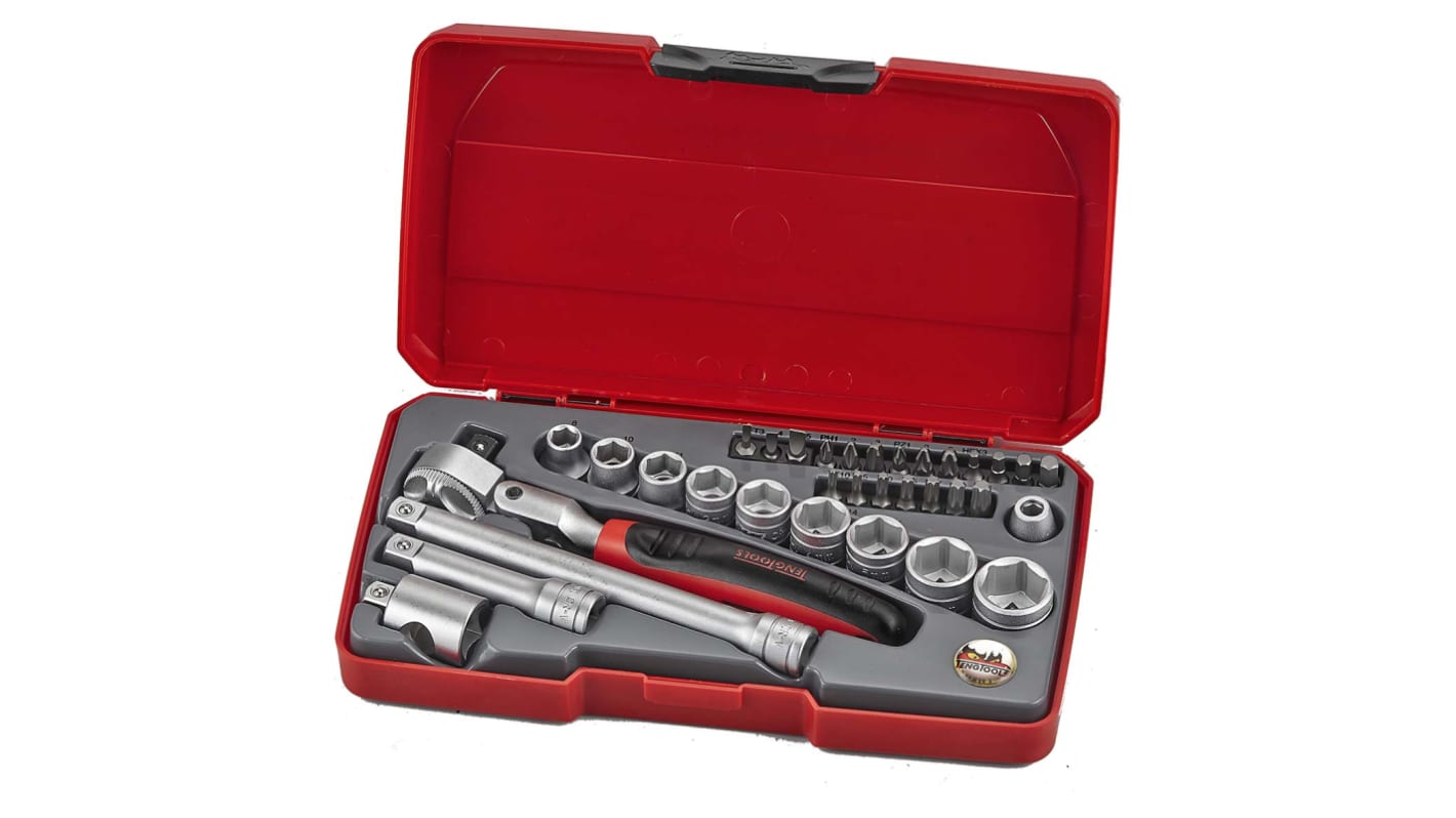 Teng Tools 34-Piece Metric 3/8 in Standard Socket/Bit Set with Ratchet, 6 point; Hex Bit; Phillips Bit; Pozidriv Bit;