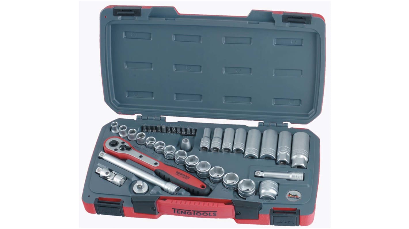 Teng Tools 39-Piece Metric 3/8 in Deep Socket/Standard Socket/Bit Set with Ratchet, 6 point; Hex Bit; Phillips Bit;