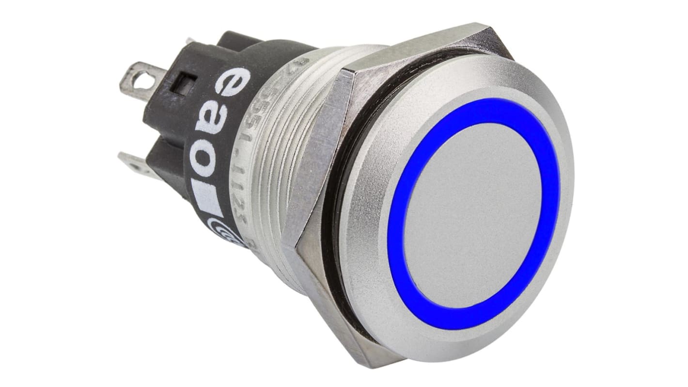 EAO 82 Series Illuminated Push Button Switch, Latching, Panel Mount, 19mm Cutout, SPDT, Blue LED, 240V, IP65, IP67