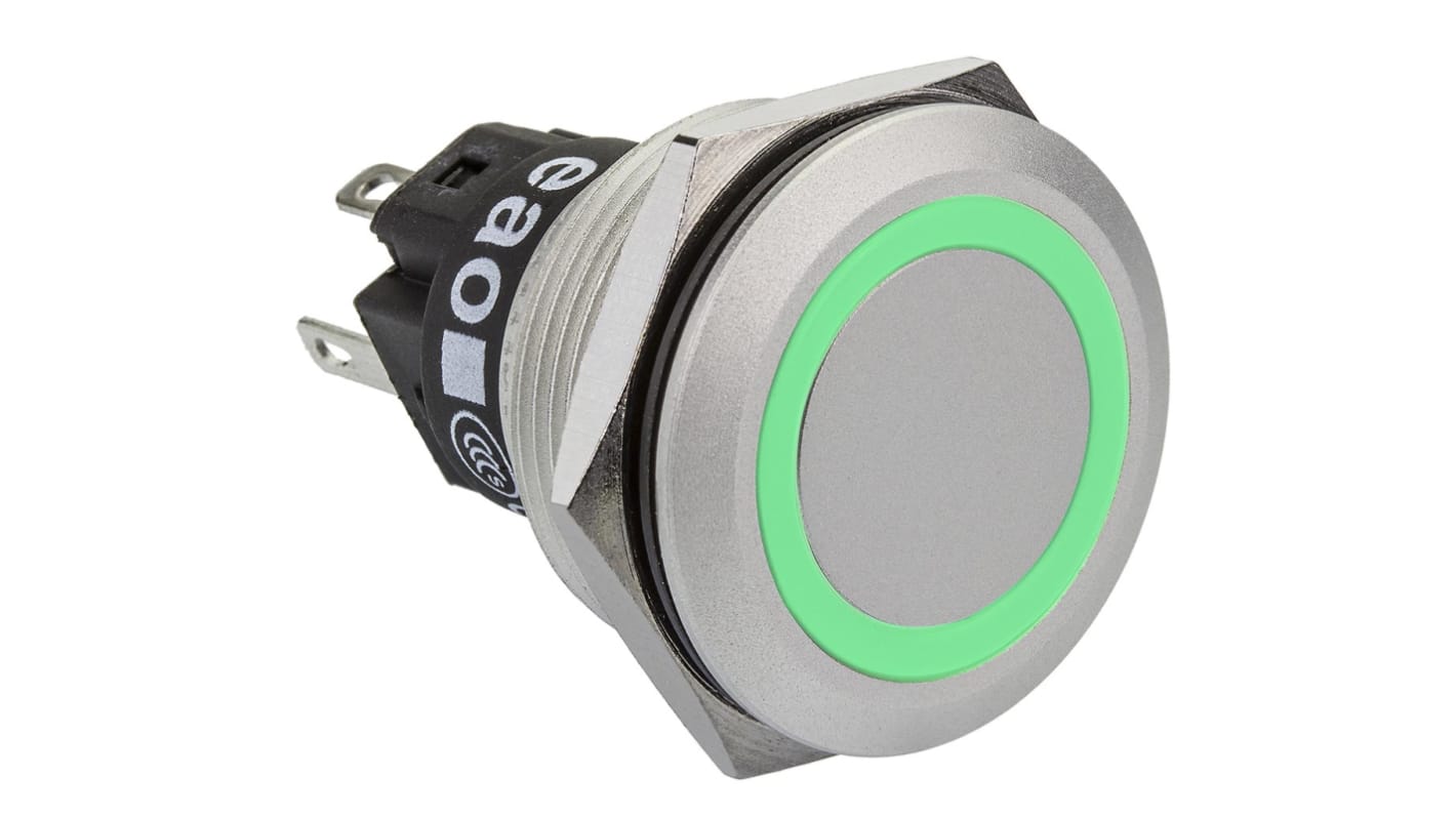 EAO 82 Series Illuminated Push Button Switch, Latching, Panel Mount, 22.3mm Cutout, SPDT, Green LED, 240V, IP65, IP67