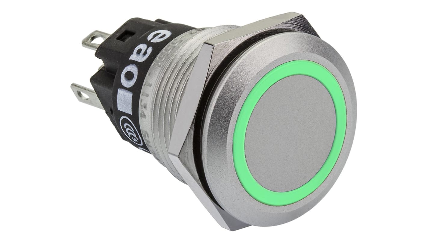 EAO 82 Series Illuminated Push Button Switch, Momentary, Panel Mount, 19mm Cutout, SPDT, Green LED, 240V, IP65, IP67