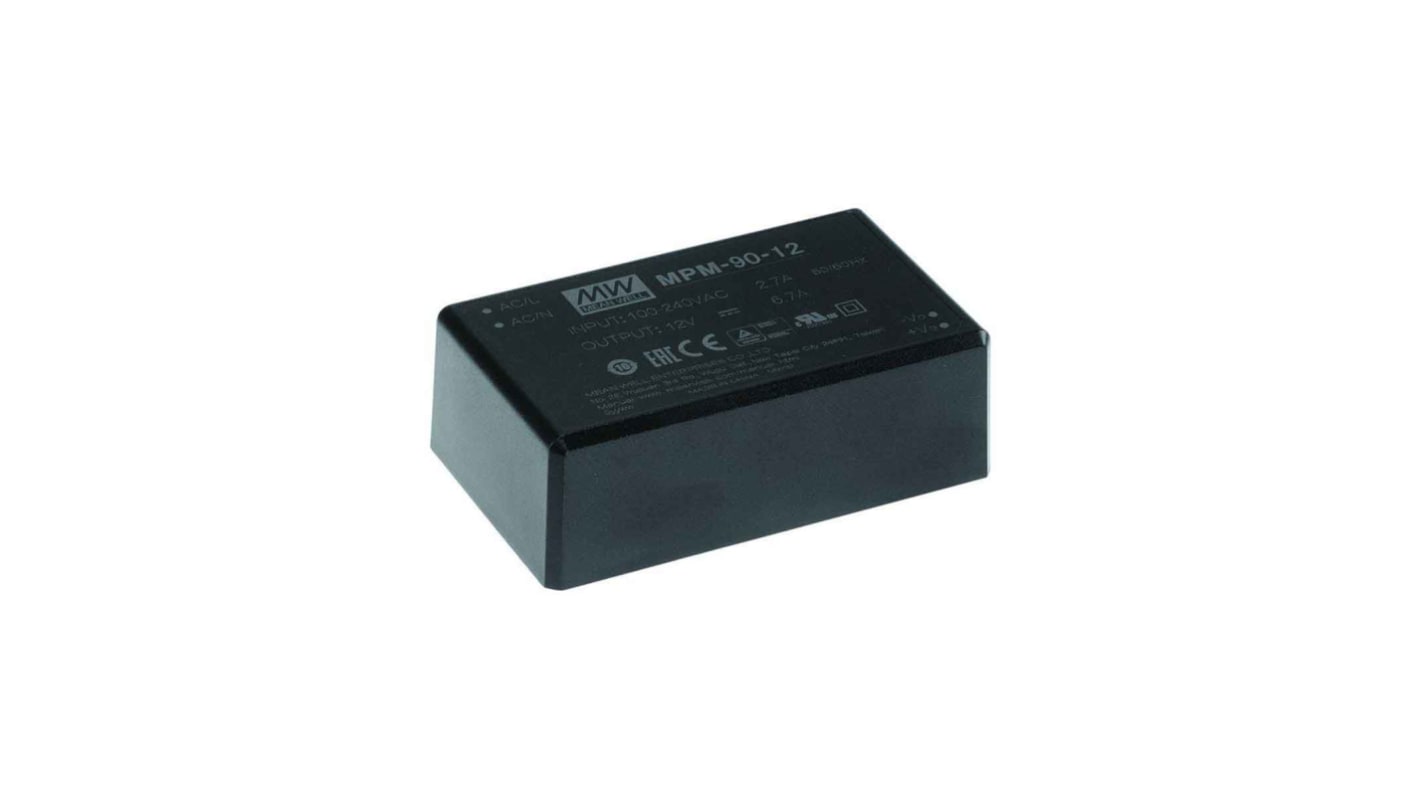 MEAN WELL Switching Power Supply, MPM-90-12, 12V dc, 6.7A, 80W, 1 Output, 80 → 264V ac Input Voltage