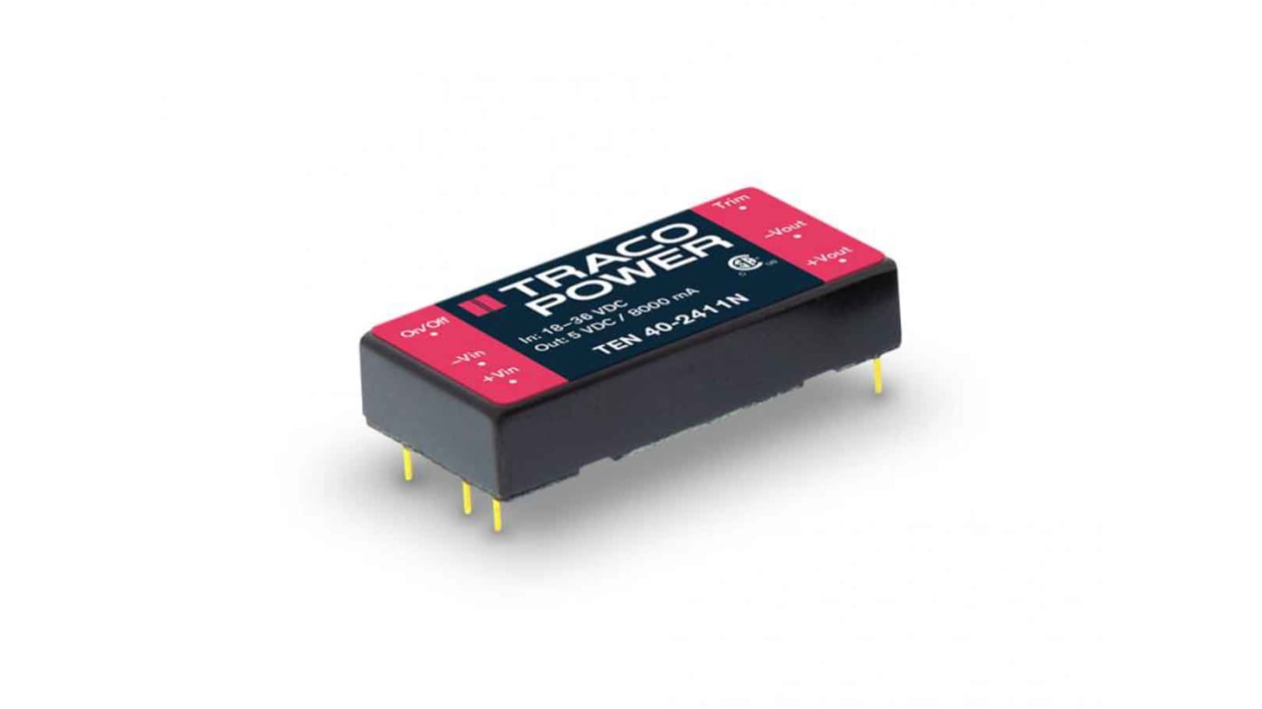 TRACOPOWER TEN 40 DC-DC Converter, 24V dc/ 1.6A Output, 36 → 75 V dc Input, 40W, Through Hole, +80°C Max Temp