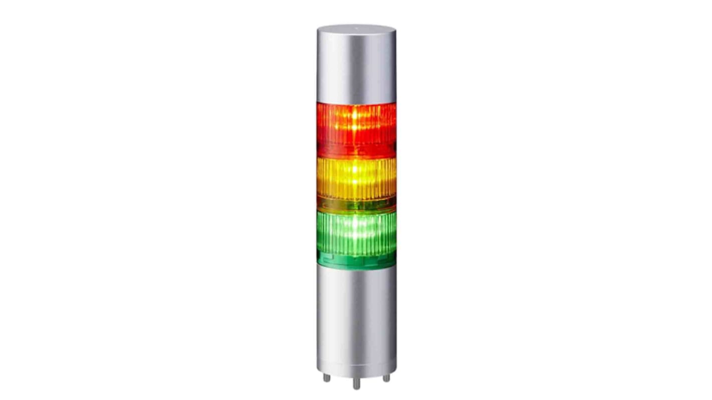 Patlite LED多层警示灯, 红/黄/绿, 3个发光元件, 24V 直流电源, Φ60mm底座, 253.5mm高, 带蜂鸣器, IP65, LR6-EX系列