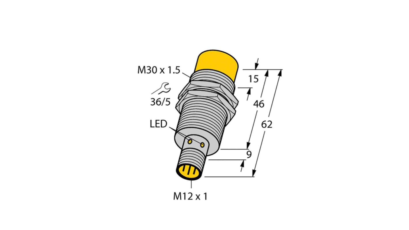 Turck Inductive Barrel-Style Proximity Sensor, M30 x 1.5, 30 mm Detection, PNP Output, 30 V, IP68