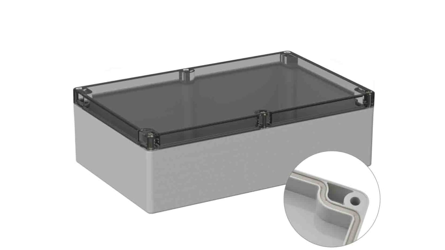 RS PRO Grey Polycarbonate General Purpose Enclosure, IP66, IK07, Clear Lid, 230 x 300 x 85mm