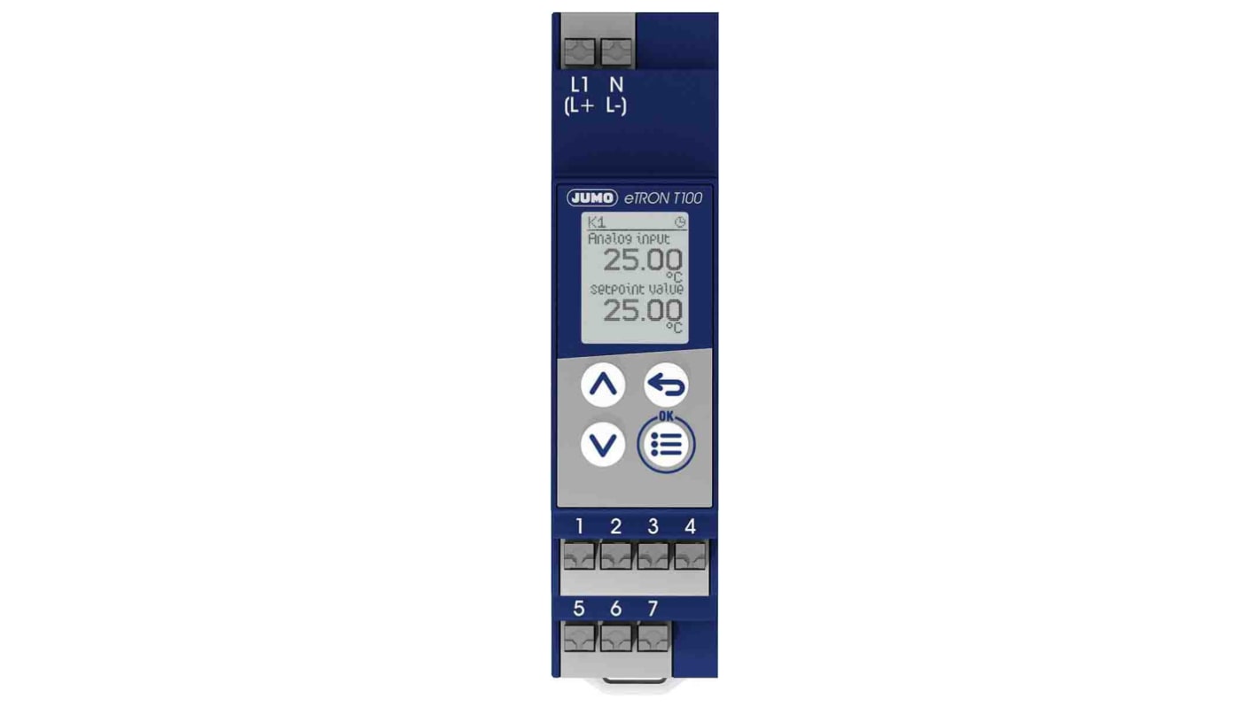 Jumo eTRON T100 DIN Rail On/Off Temperature Controller, 90 x 22.5 x 62mm 1 Input, 1 Output Relay 10 A changeover, 230 V