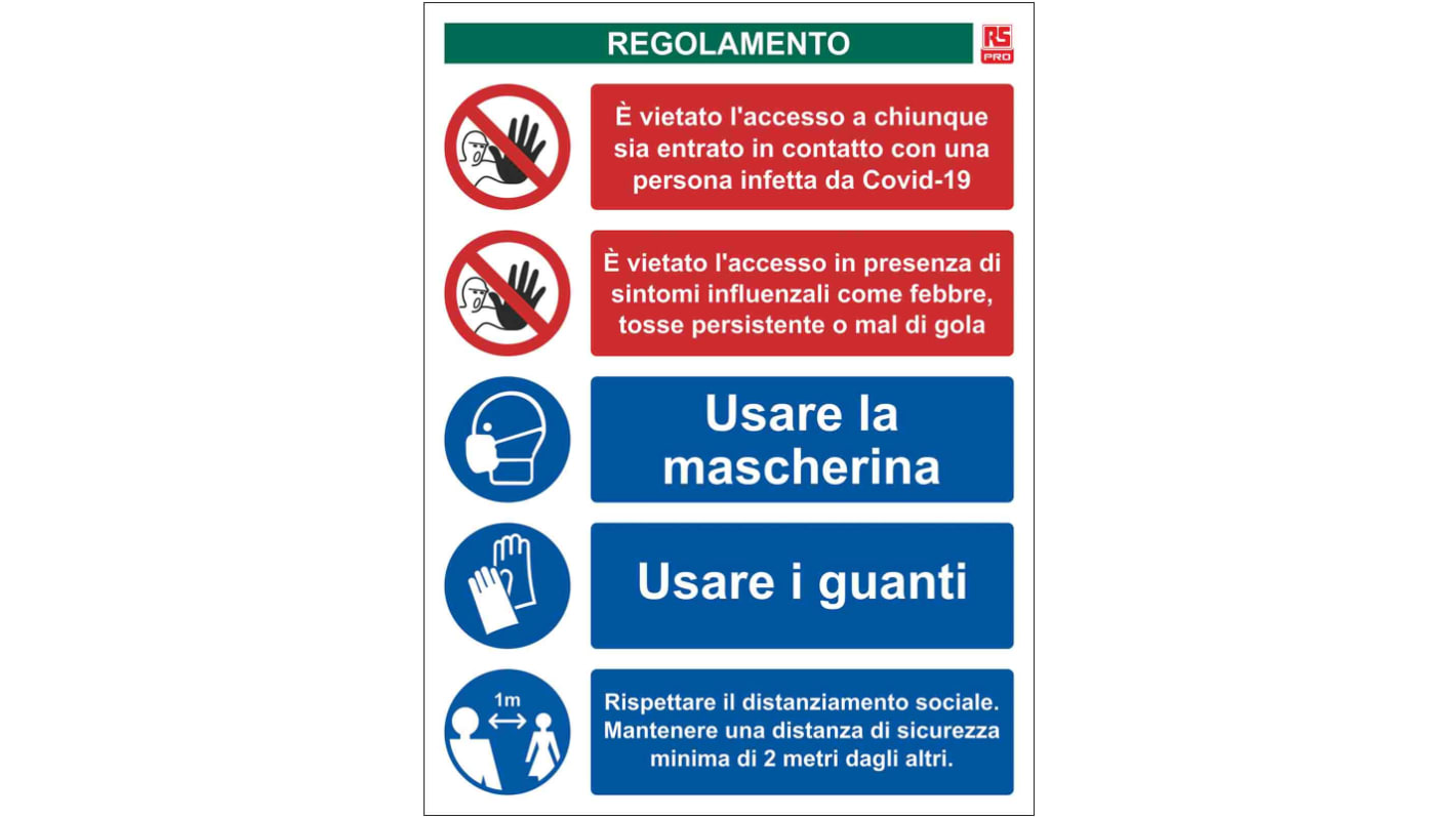 RS PRO PVC Social Distancing Site Safety Sign With Italian Text, 400 x 300mm