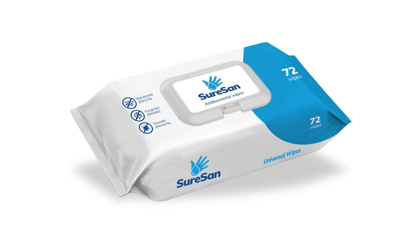 Suresan Universal Antibacterial Antibakterielle Tücher, Weiß, 17 x 16cm, 72 Tücher pro Packung