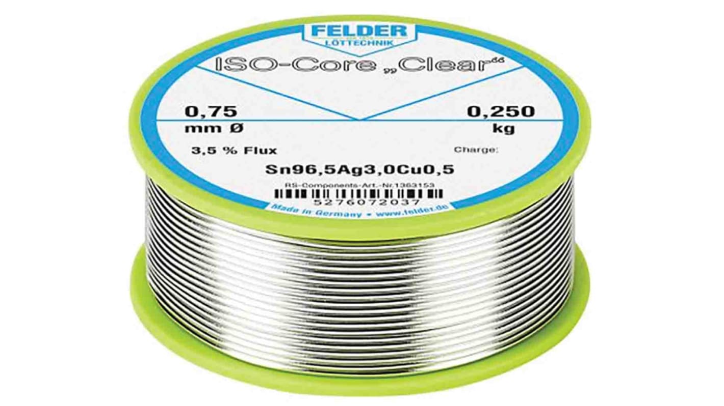 Felder Lottechnik 焊锡丝, 无铅焊锡, 0.75mm直径, 0%铅, 217°C熔点, ISO-Core Clear