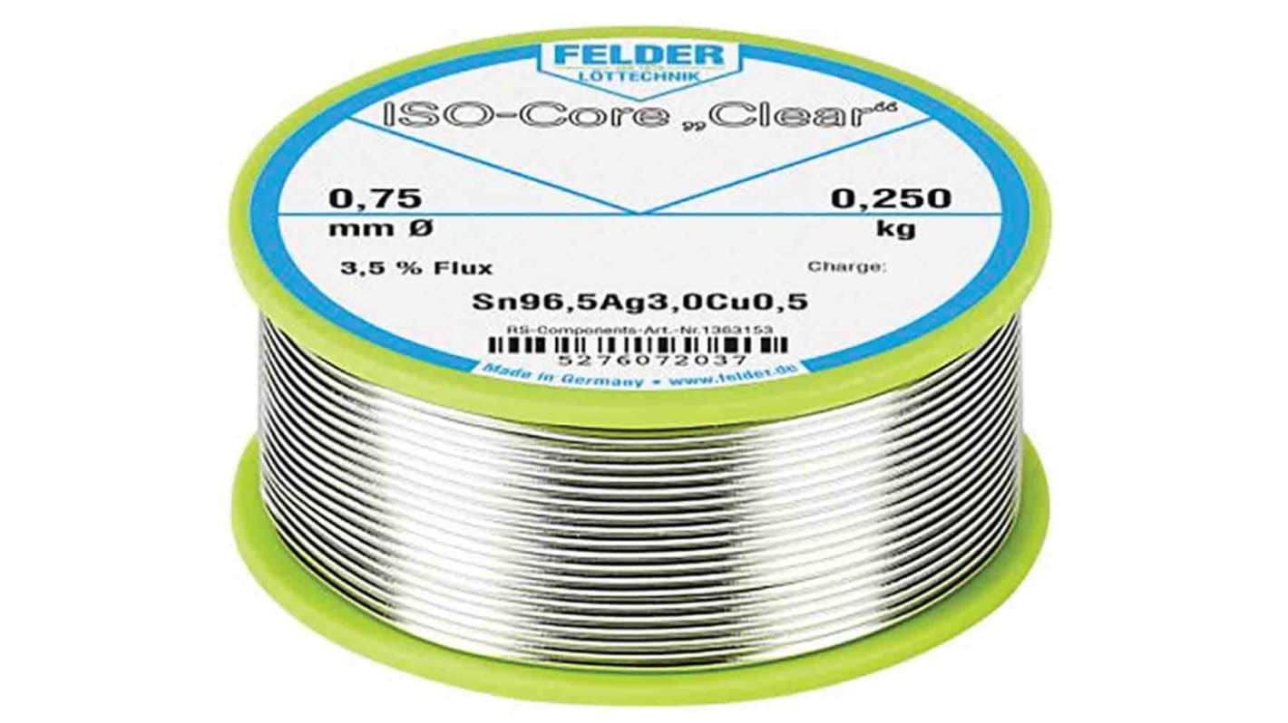 Soudure sans plomb Felder Lottechnik 0.75mm, 250g, Etain 96.5%, Argent 3.0%, Cuivre 0.5%, fusion à 217°C