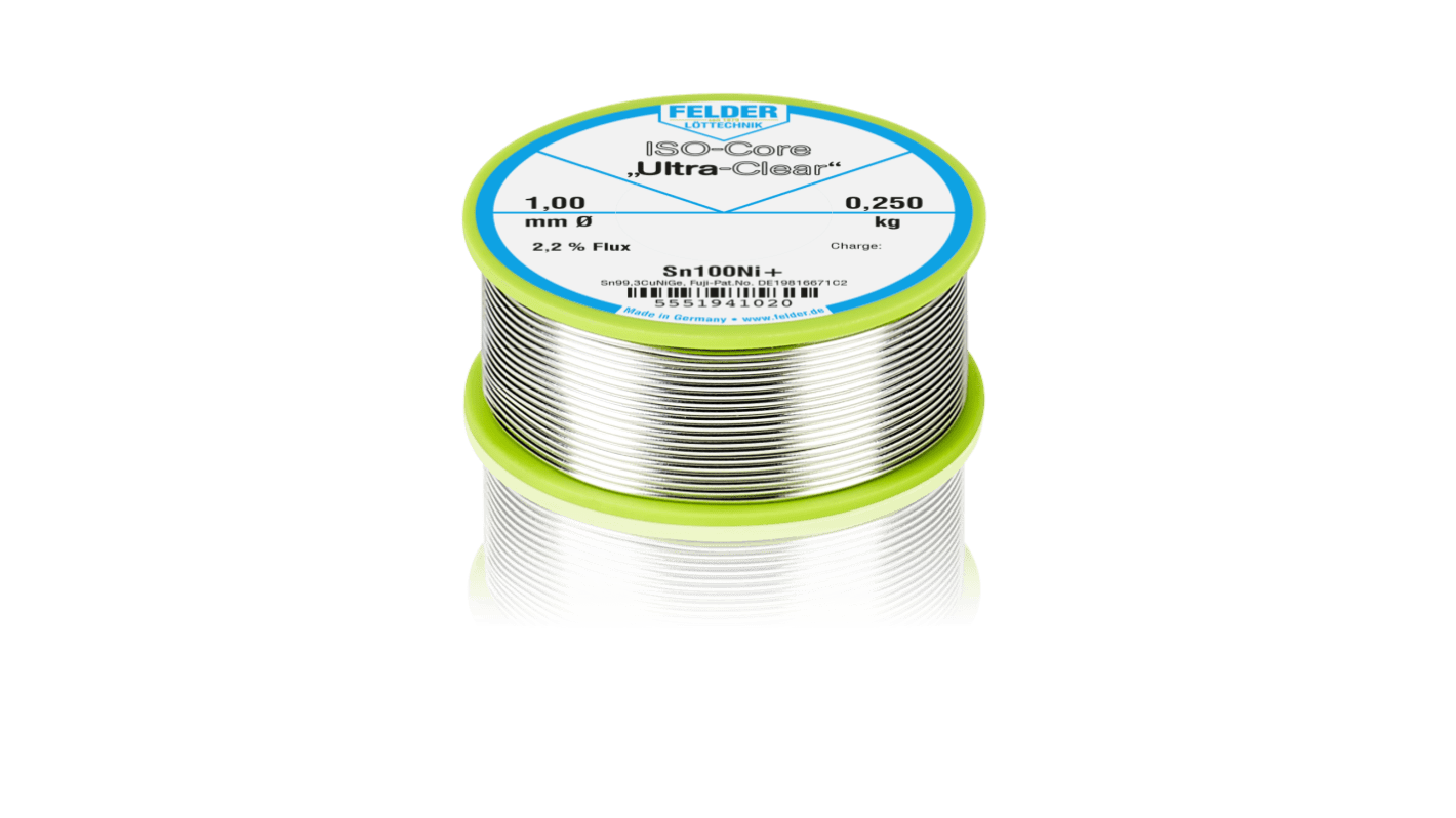 Lut bez ołowiu średnica 1mm Felder Lottechnik 0% Pb temp. topnienia 227°C 250g 0.7% Cu 99.3% Zn