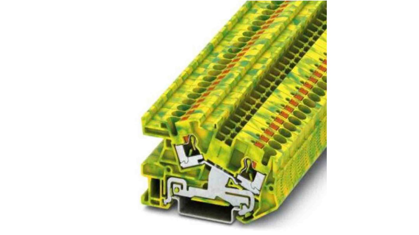 Terminal de carril DIN sin protección de fusibles, 2 vías, Encajado, 24 → 10 AWG, Verde/Amarillo