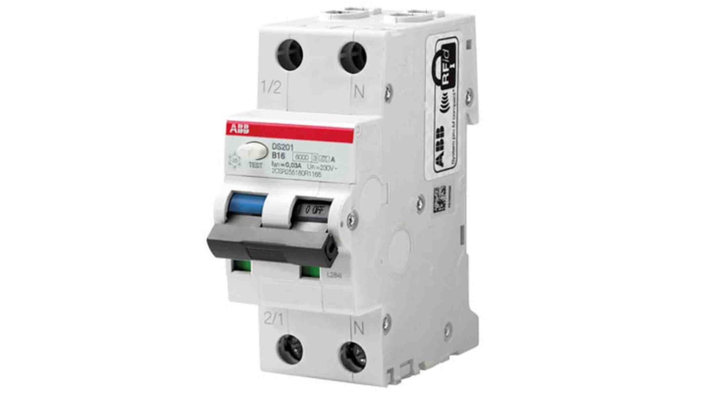 ABB RCBO, 2-polet, 10A, DIN-skinne montering, følsomhed: 30mA